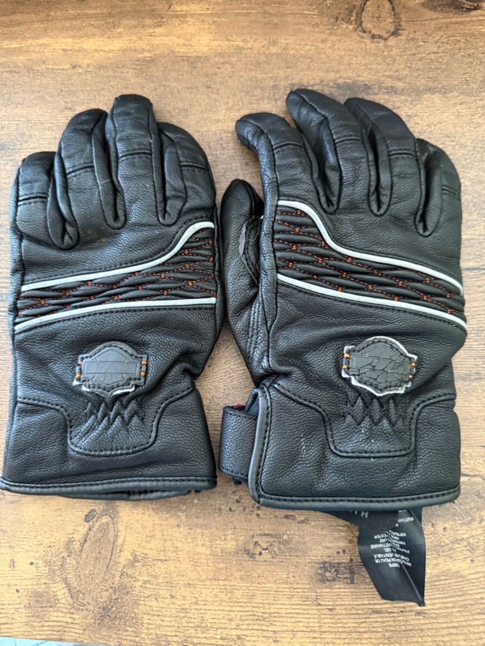 Harley-Davidson Black Leather Gloves with Orange Stitching and Silver Piping